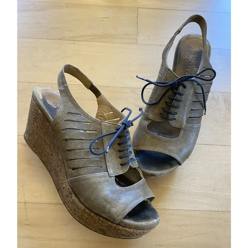 COCLICO Pierced Leather Lace Up Cork Platform Wedge Tie Sandals Brown 37 7 $395